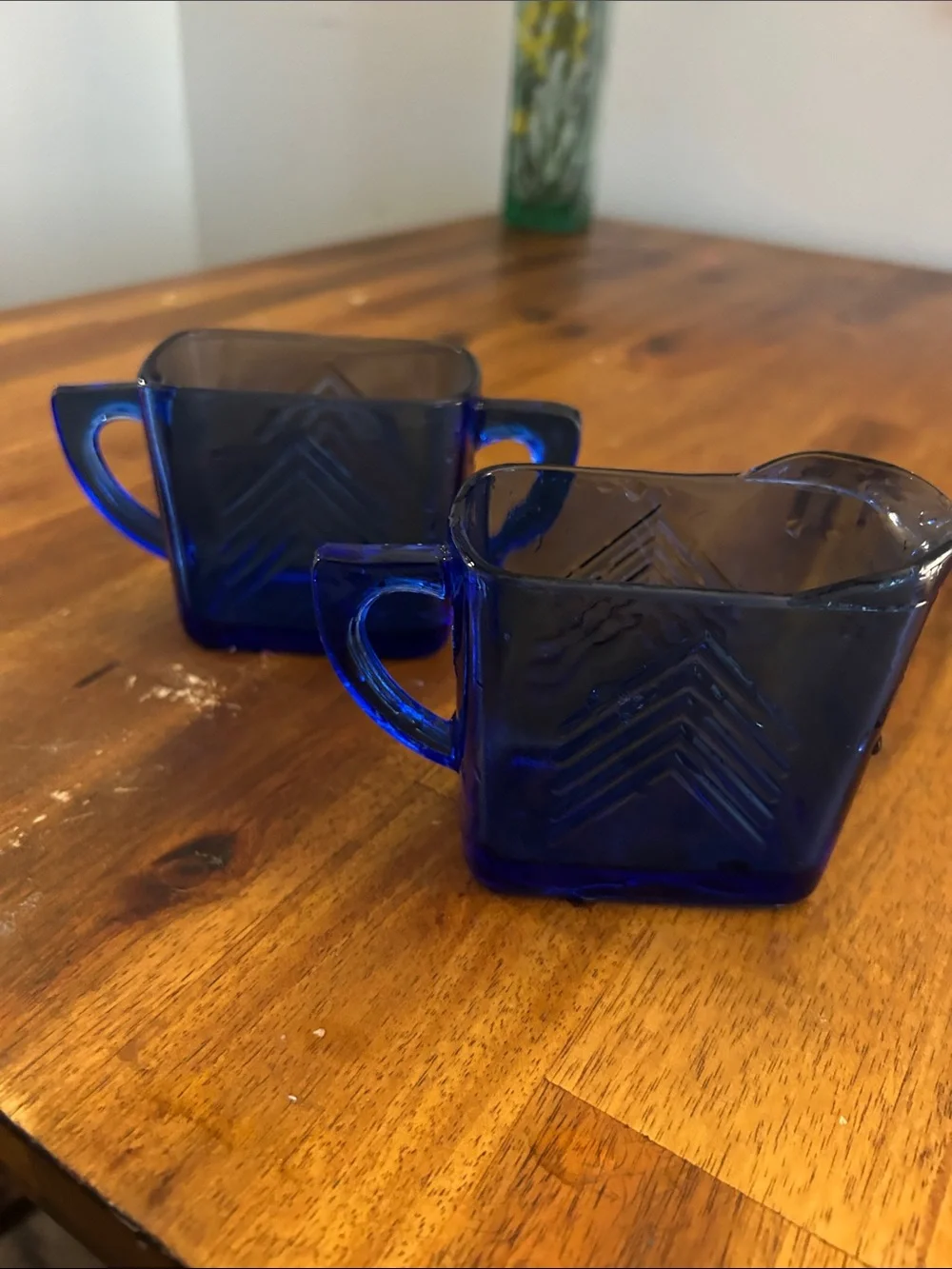 Vintage Hazel Atlas Cobalt Blue Art Deco Chevron Glass Creamer and Sugar Set